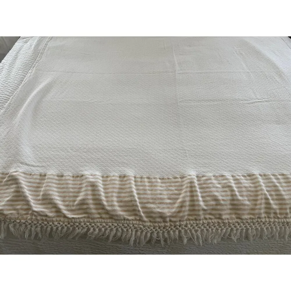 Lilly Pulitzer Gold Stripe Fringe Cotton Throw Blanket White 66x66 Square Resort